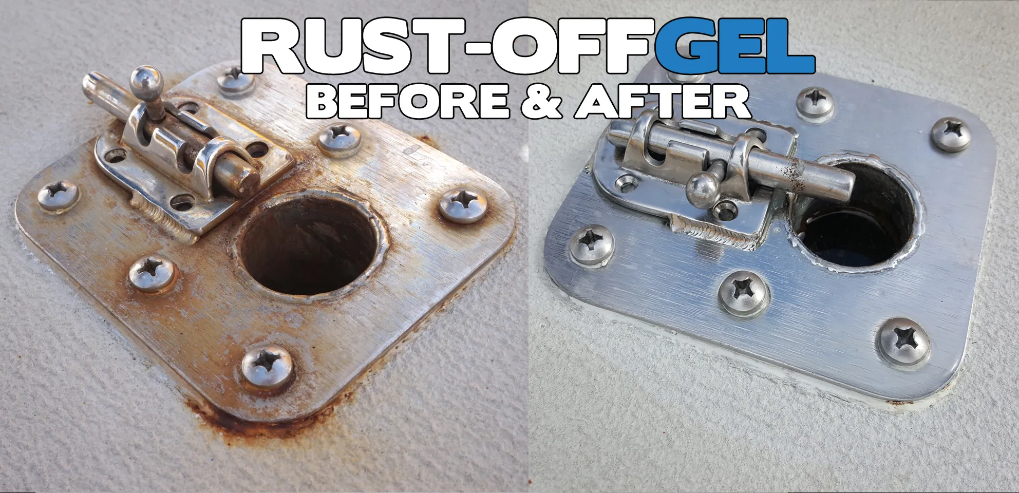 Before and after — rusted marine deck hardware restored with CFS RustOff Gel treatment
